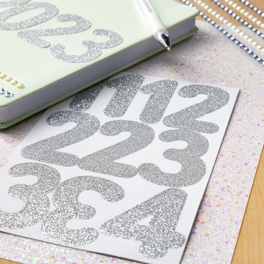 12 Pack: Silver Glitter Rounded Number Stickers by Recollections™